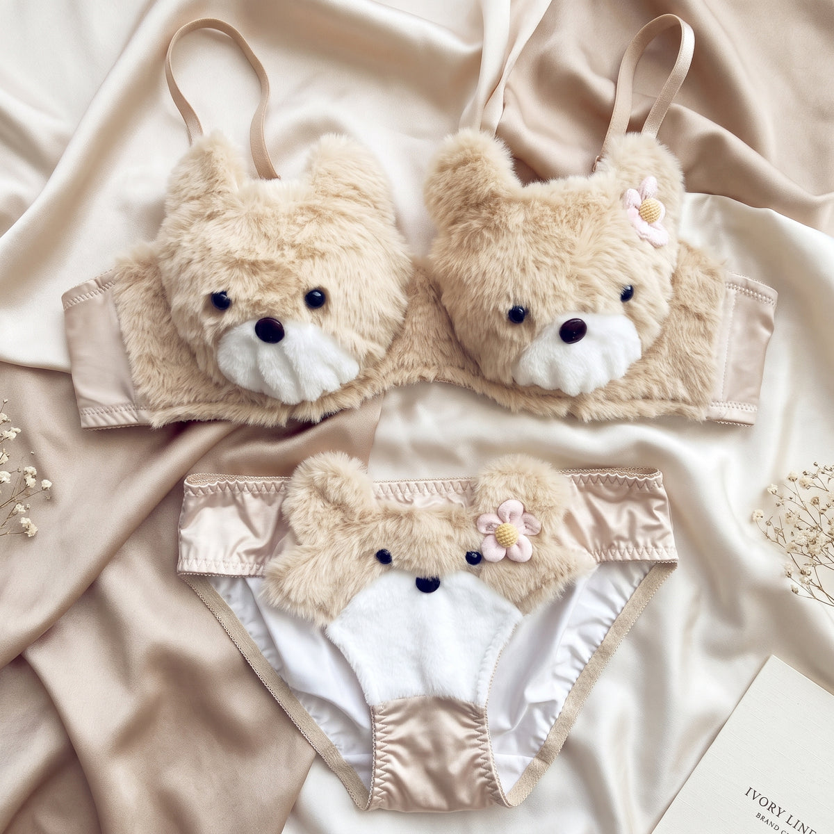 Plush Teddy Bear Lingerie Set – Beige